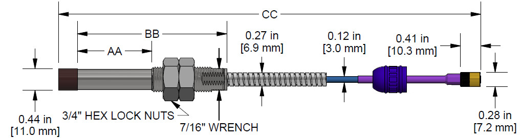 A dimension drawing of a Standard Mount CTC PRO Line DP1007 with Armor proximity probe.